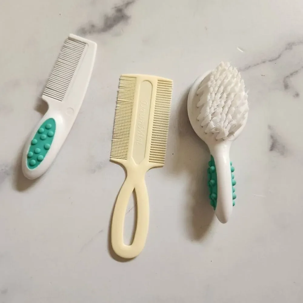 Set of three soft bristle hard comb baby unisex brushes cream vintage double-sid